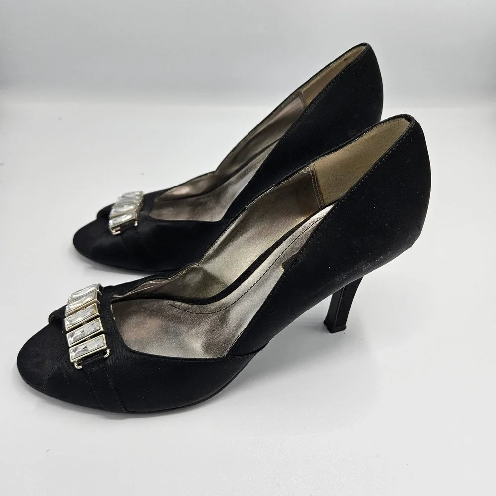 Style & Co Black Satin Peep Toe Crystal Embellished Evening Pumps Heels 7.5